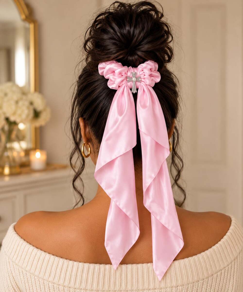 Coquette Pink Satin Scarf Scrunchie Cross Charm Romantic Hair Accessory